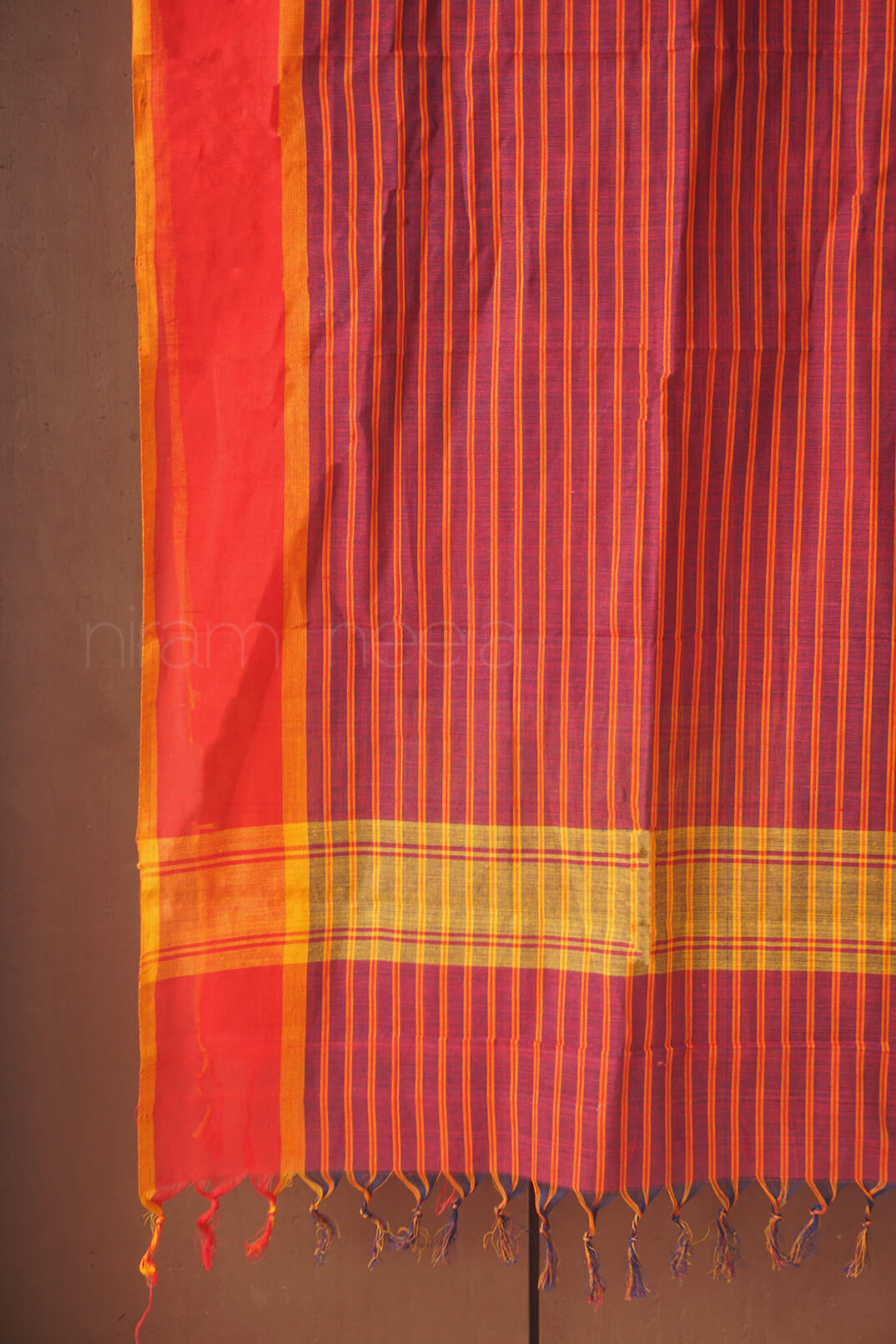 Red and orange striped Chettinad cotton dupatta | Cotton Duppattas by Niram Neela