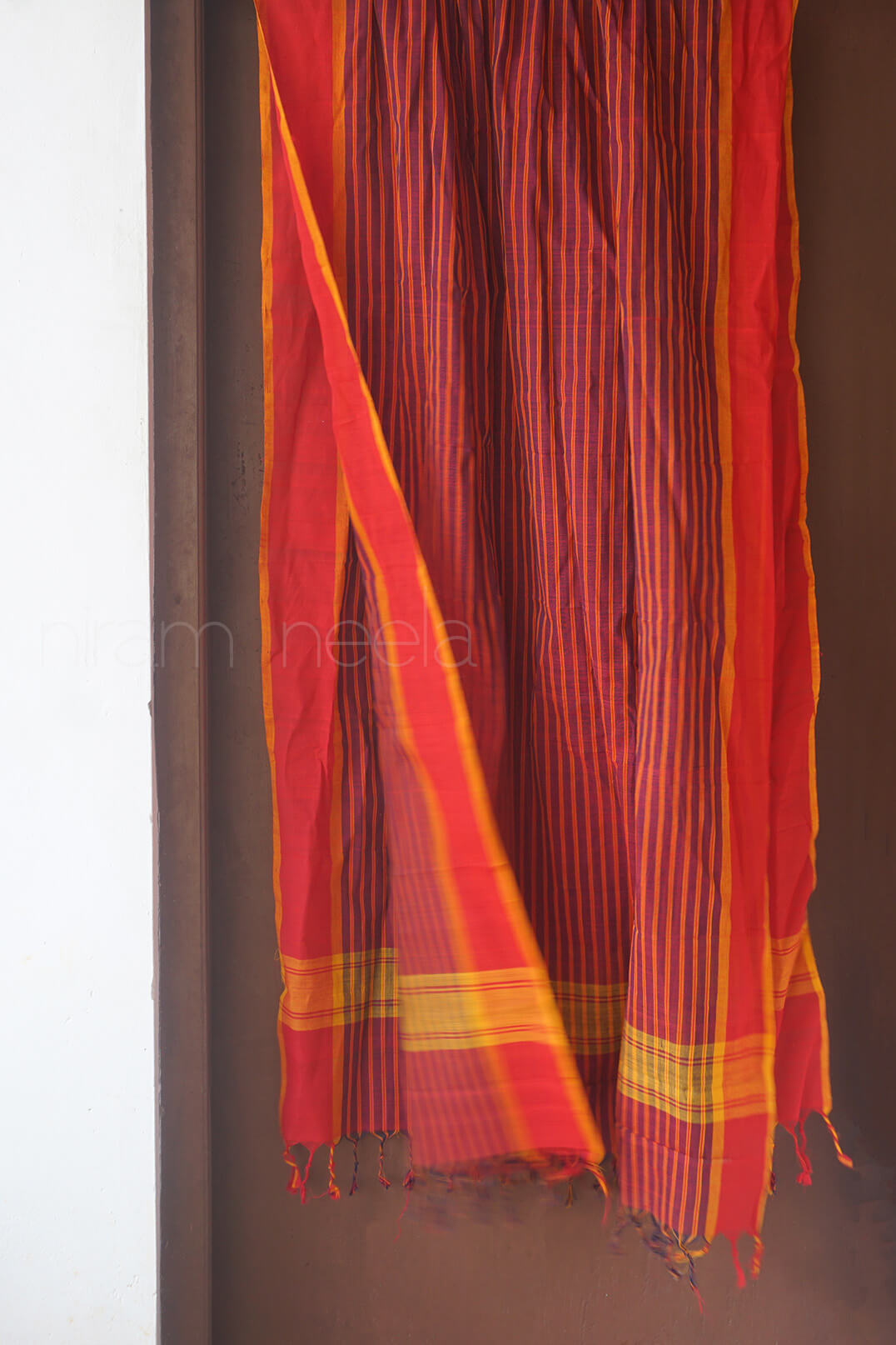 Red and orange striped Chettinad cotton dupatta | Cotton Duppattas by Niram Neela