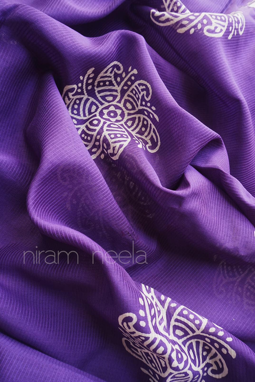 Violet and white printed Chanderi silk cotton saree | Printed silk sarees by Niram Neela