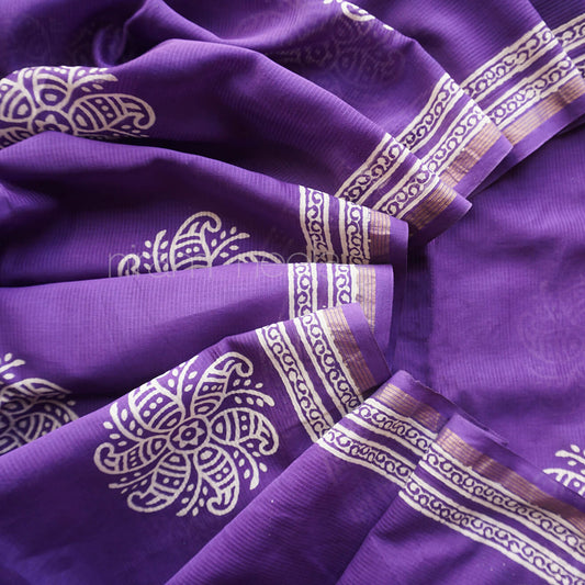 Violet and white printed Chanderi silk cotton saree | Printed silk sarees by Niram Neela