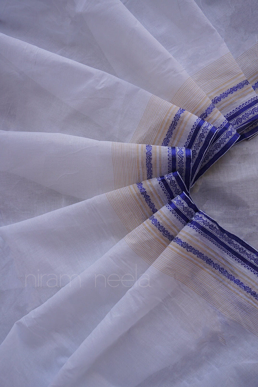 White and blue cotton Dhaniakhali dhoti | Niram Neela