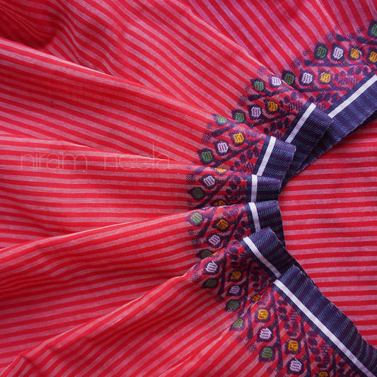 Pink and blue pinstriped Dhaniakhali saree | Niram Neela
