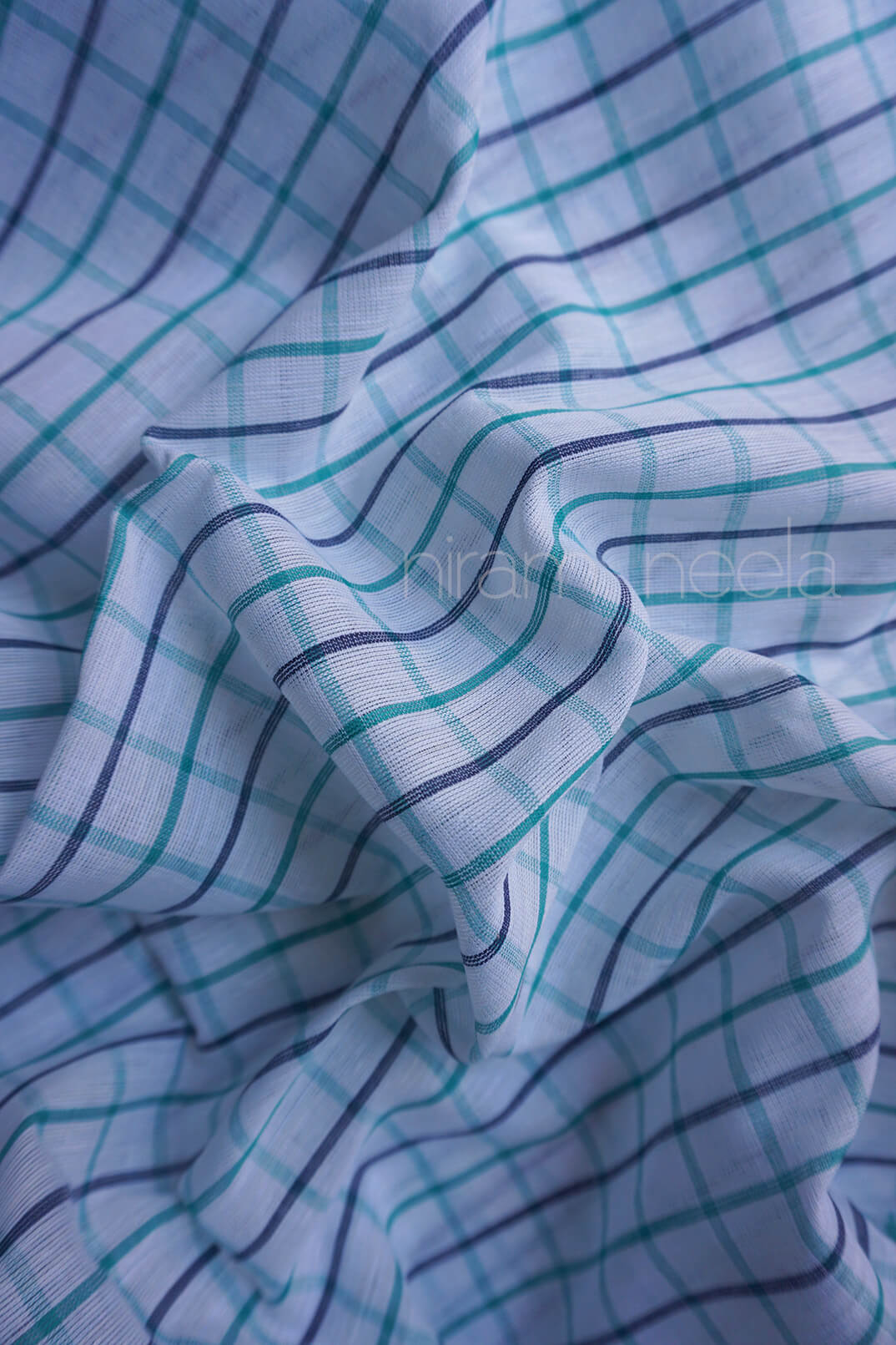 White and teal check Dhaniakhali saree | Niram Neela