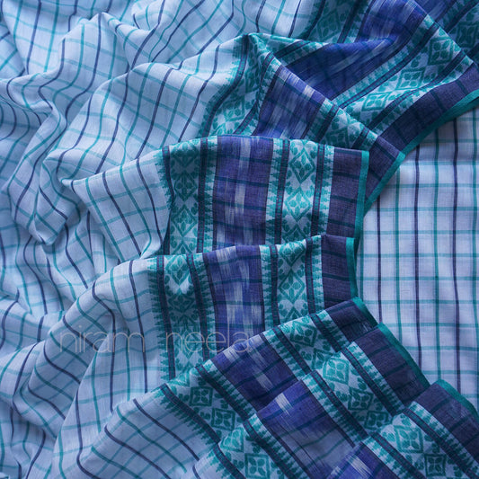 White and teal check Dhaniakhali saree | Niram Neela