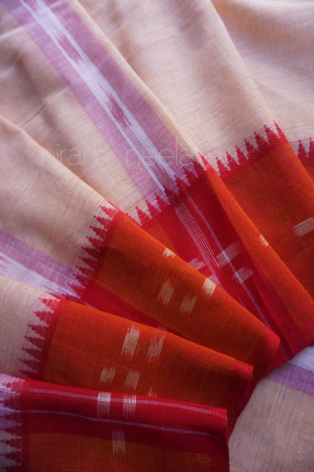 Cream and red Dhaniakhali cotton saree | Niram Neela
