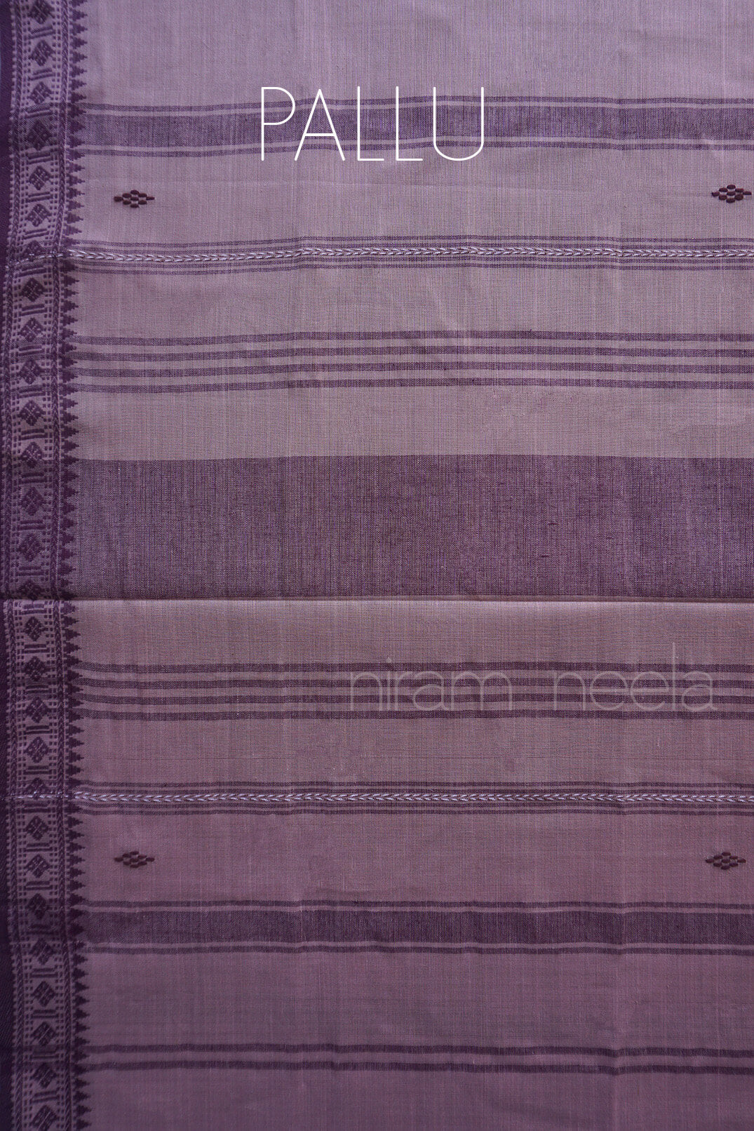 A close-up of a purple and mauve striped fabric with a decorative border on the left side, labeled with the text 'PALLU' at the top.