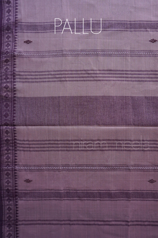 A close-up of a purple and mauve striped fabric with a decorative border on the left side, labeled with the text 'PALLU' at the top.