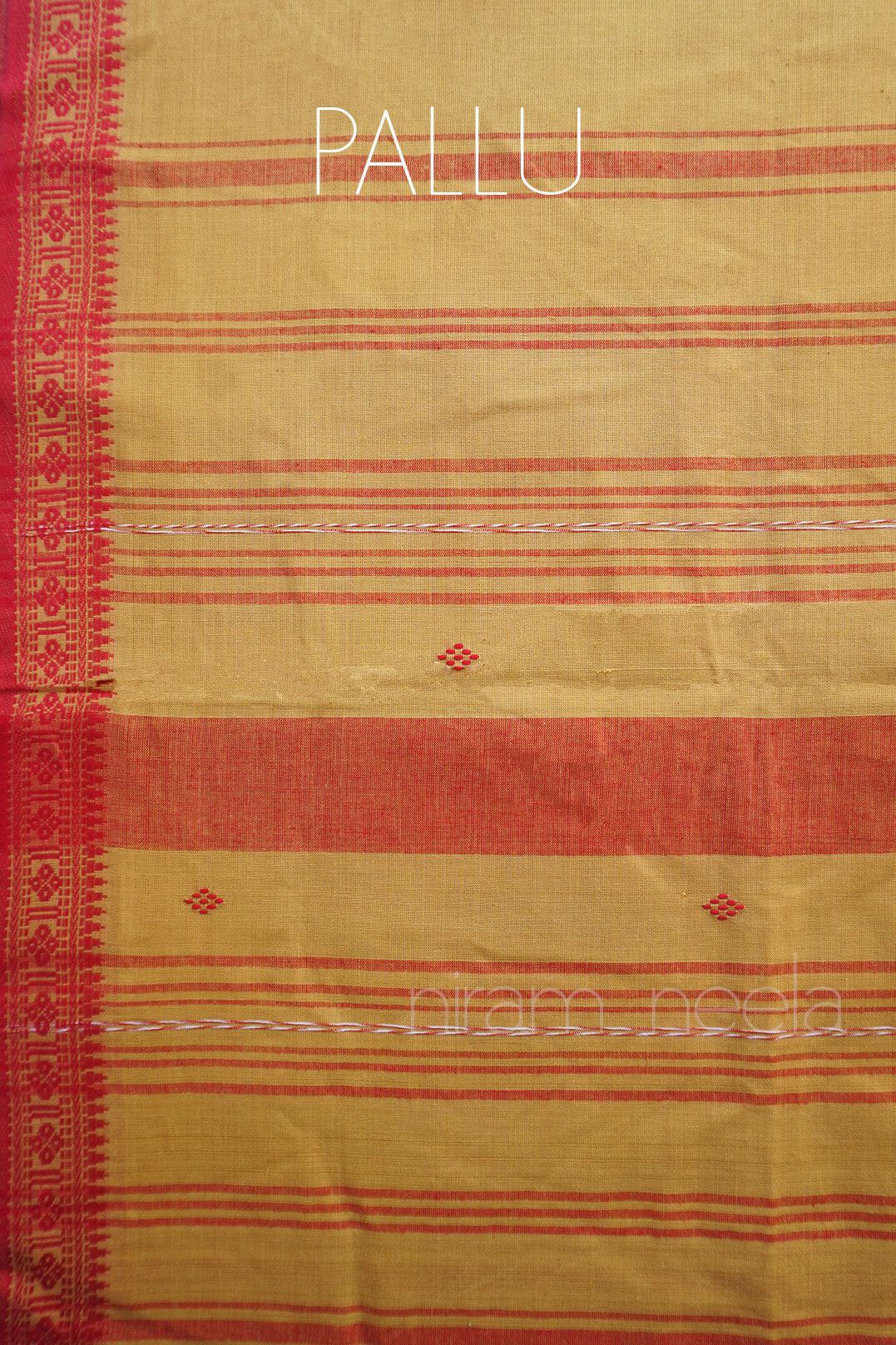 A close-up of a traditional Indian pallu of a saree, showing a mustard yellow base with red stripes, a red border, and small red diamond motifs. The text 'PALLU' is printed on the fabric.
