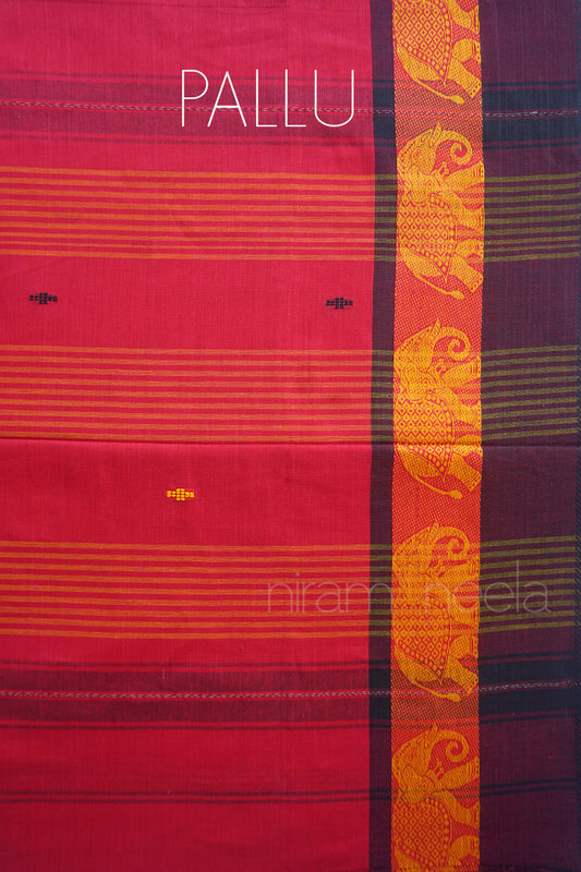 A close-up of a red and yellow patterned saree pallu, with horizontal stripes, small motifs, and a vertical border featuring yellow elephant motifs on an orange background. The word 'PALLU' is printed at the top, and a watermark 'niram neela' is visible near the bottom.
