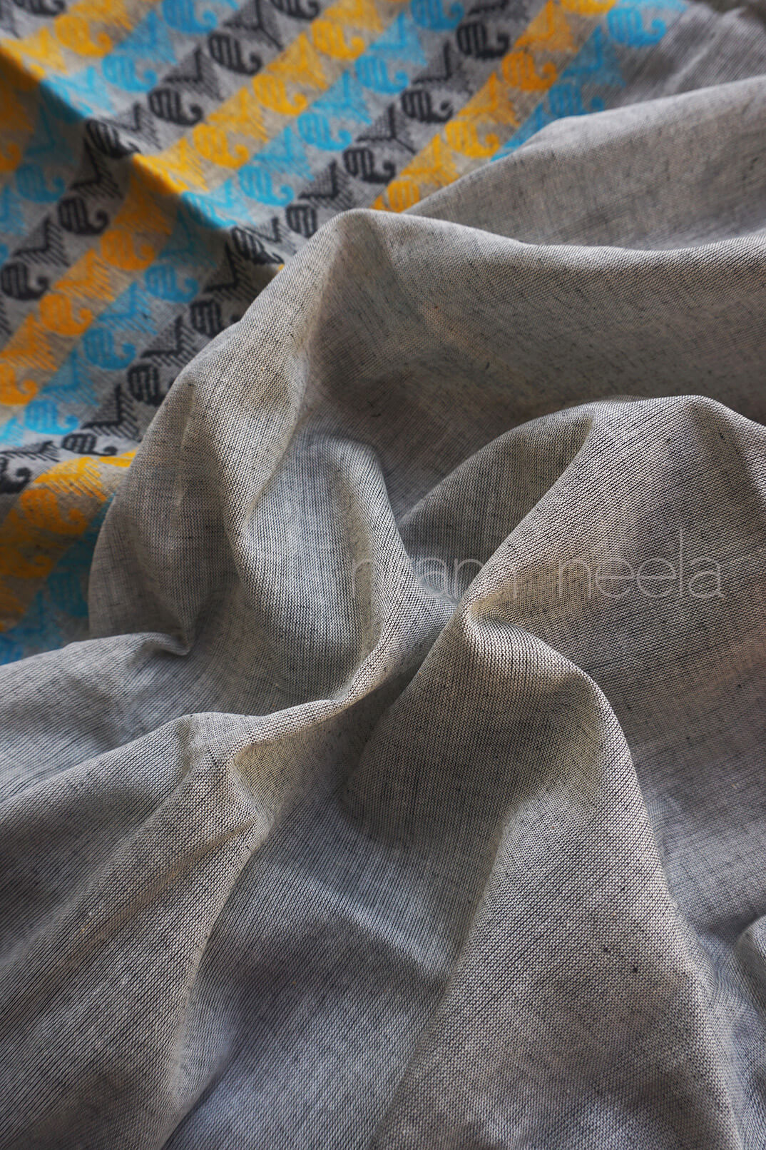 Grey and blue Dhaniakhali cotton saree | Niram Neela