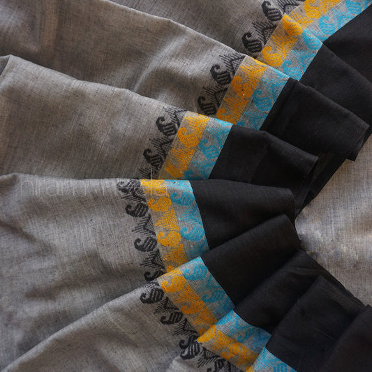Grey and blue Dhaniakhali cotton saree | Niram Neela