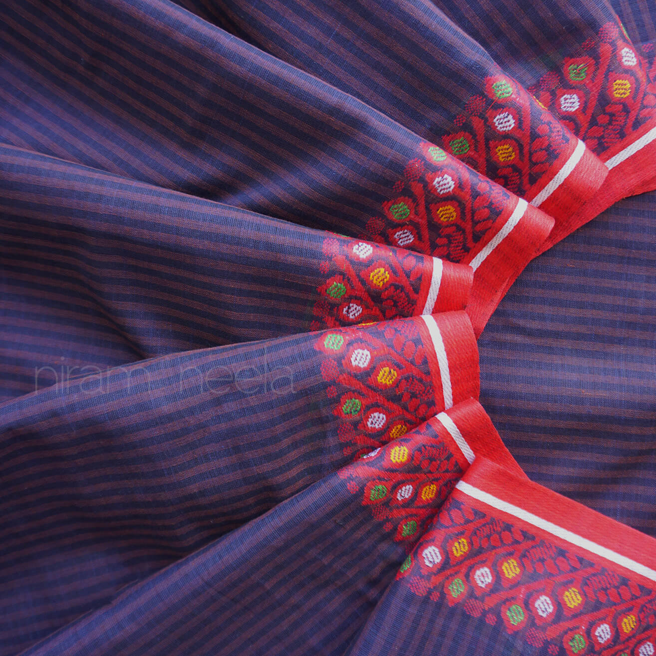 Navy and red pinstriped Dhaniakhali saree | Niram Neela