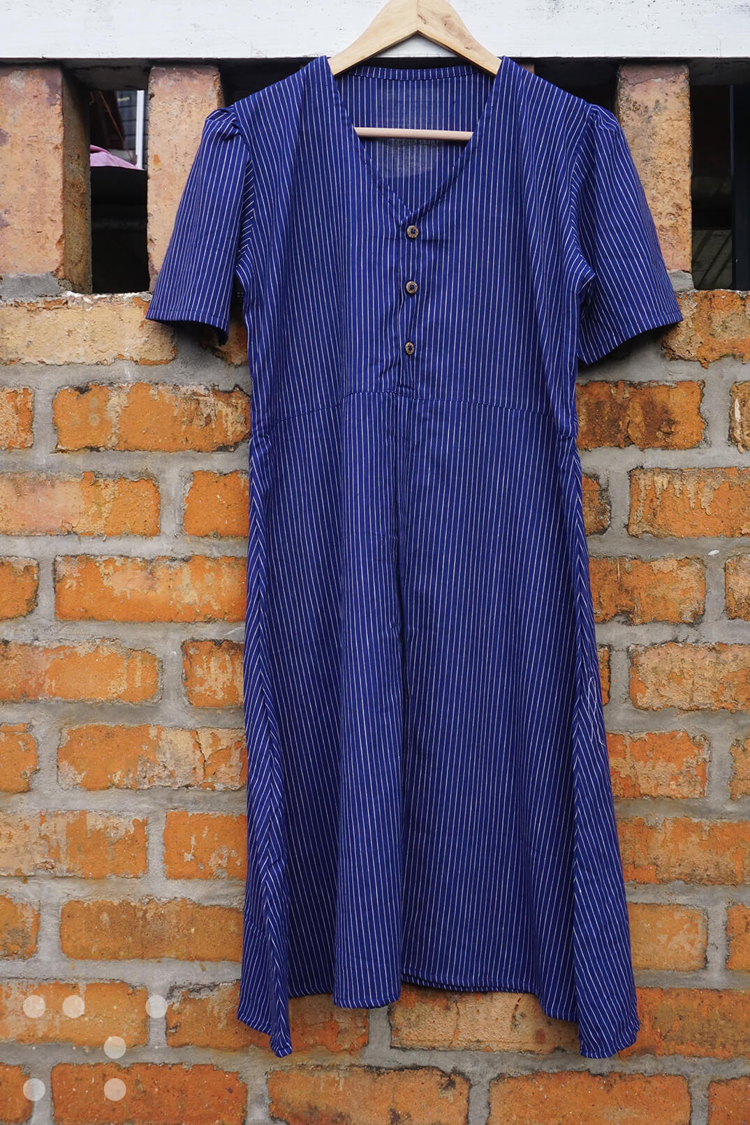 Buttoned A line dress in blue pinstripes - Niram Neela