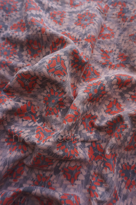 Grey and orange Batik geometric print cotton fabric | Niram Neela