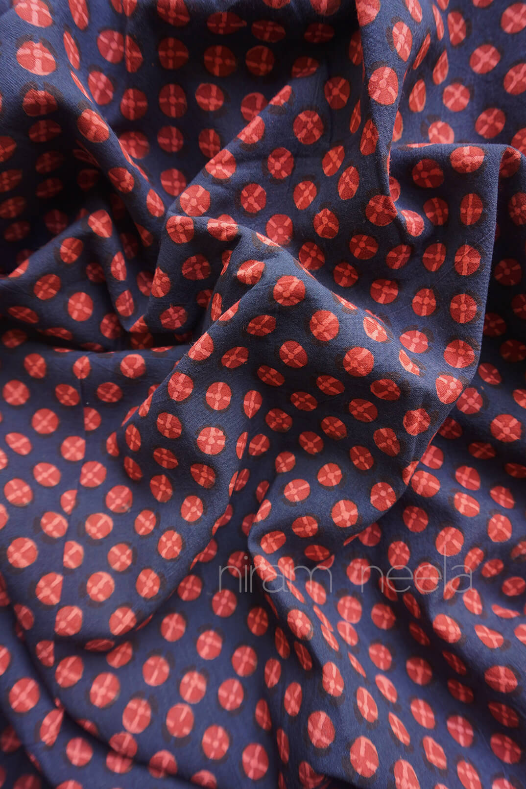 Indigo blue and orange Pharad print cotton fabric | Niram Neela