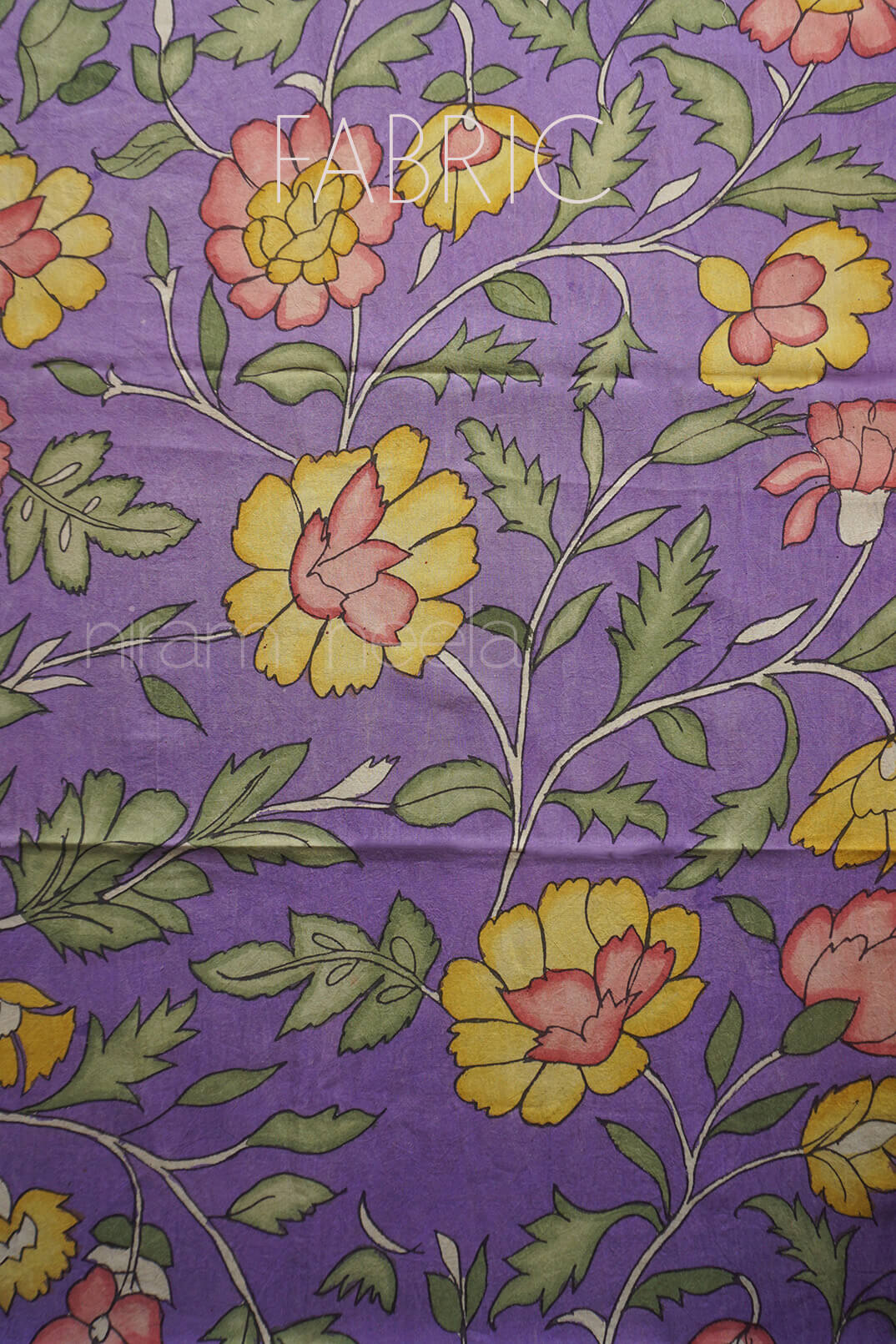 Purple fabric with a vintage floral pattern featuring yellow, pink, and green flowers and leaves.