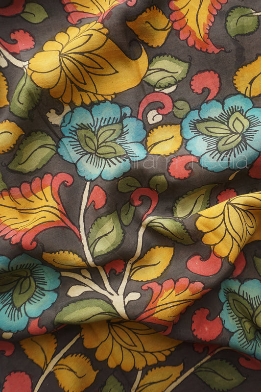 Dark grey fabric with yellow and blue floral design all over
