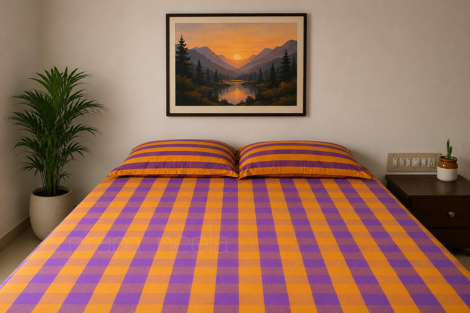 Bedroom with a bed covered in a purple and orange checkered blanket, a plant, and a framed landscape painting on the wall | Home linen by Niram Neela