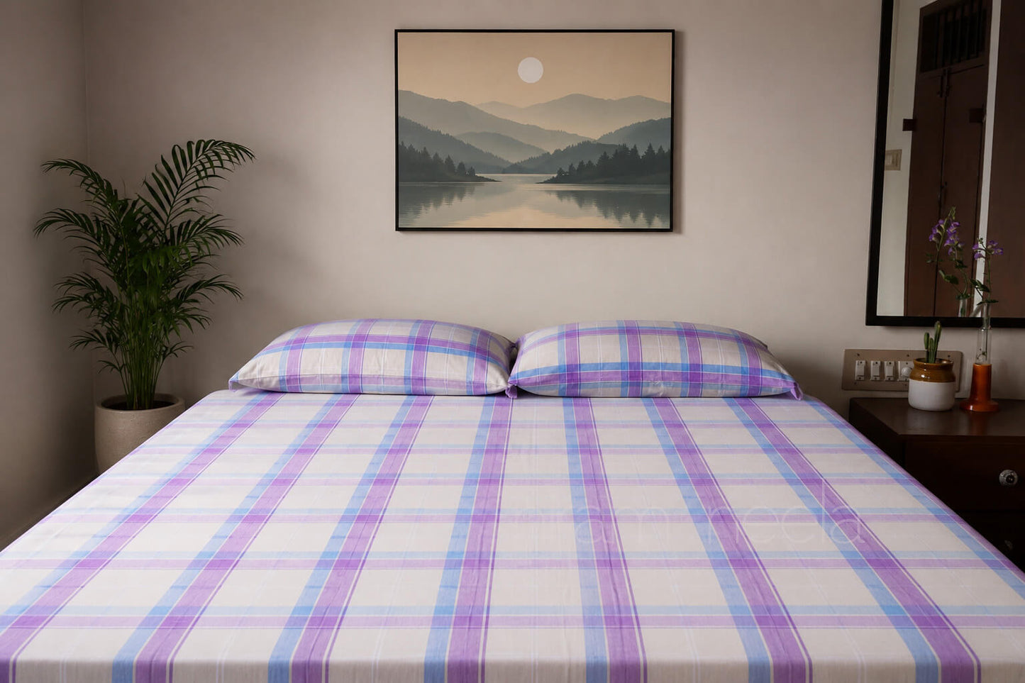Violet and blue check king size bedsheet | Bed linen by Niram Neela