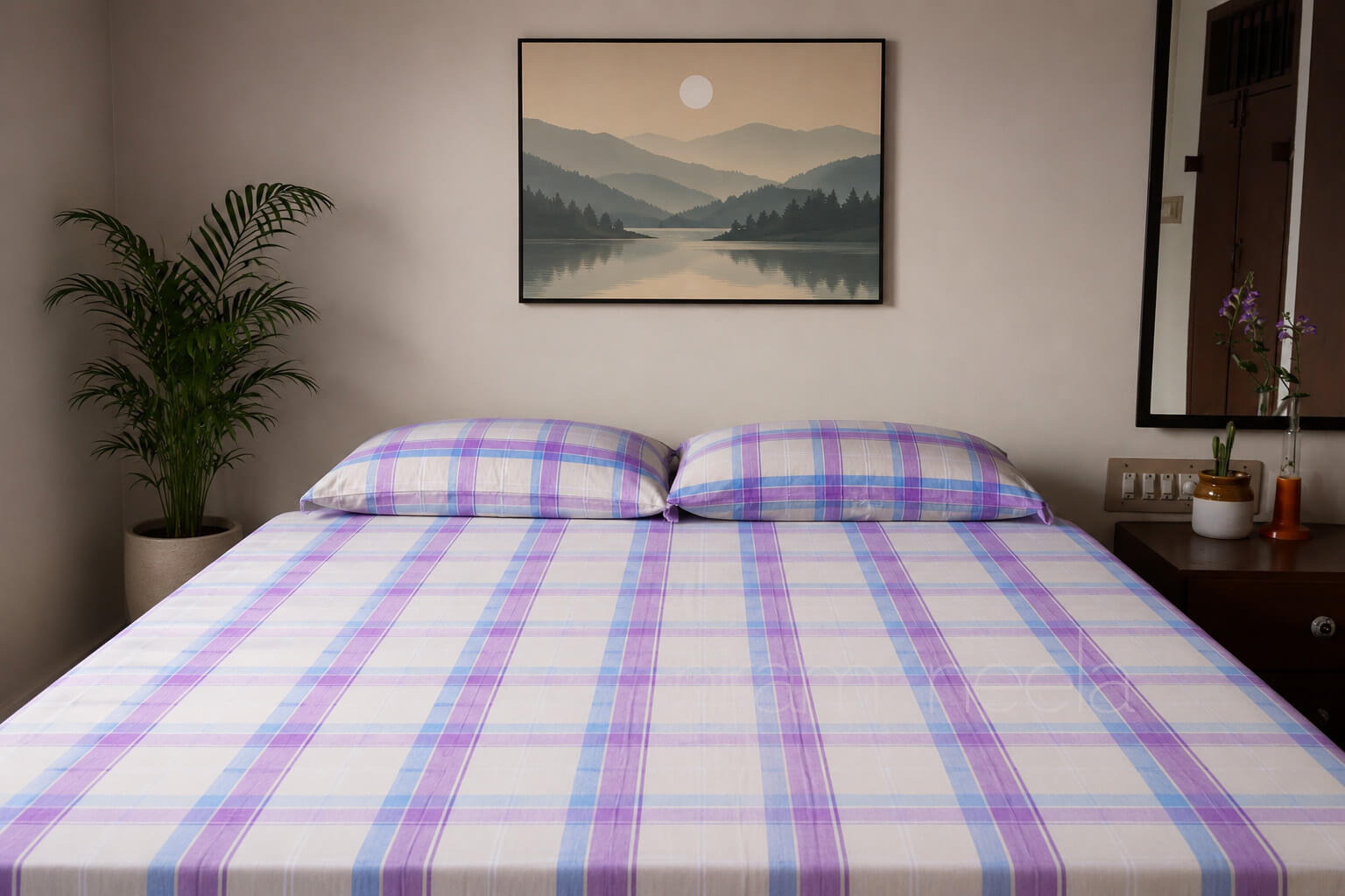Violet and blue check king size bedsheet | Bed linen by Niram Neela