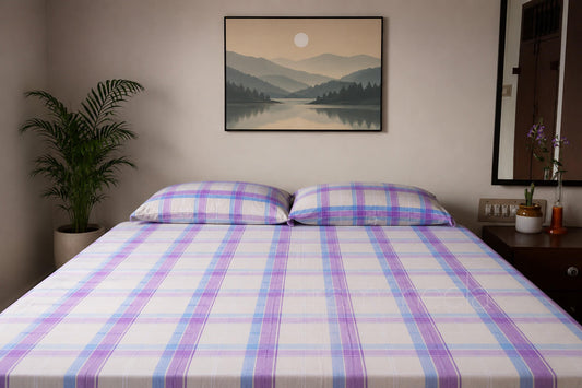 Violet and blue check king size bedsheet | Bed linen by Niram Neela