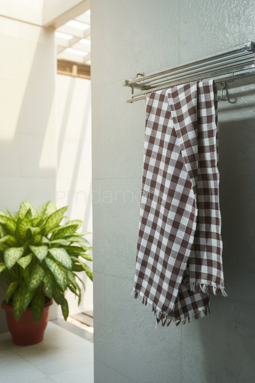 Brown and white checkered towel hanging on a metal rack against a gray tiled wall | Bed and bath by Niram Neela
