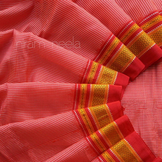 Red checkered Ilkal viscose cotton saree | Niram Neela