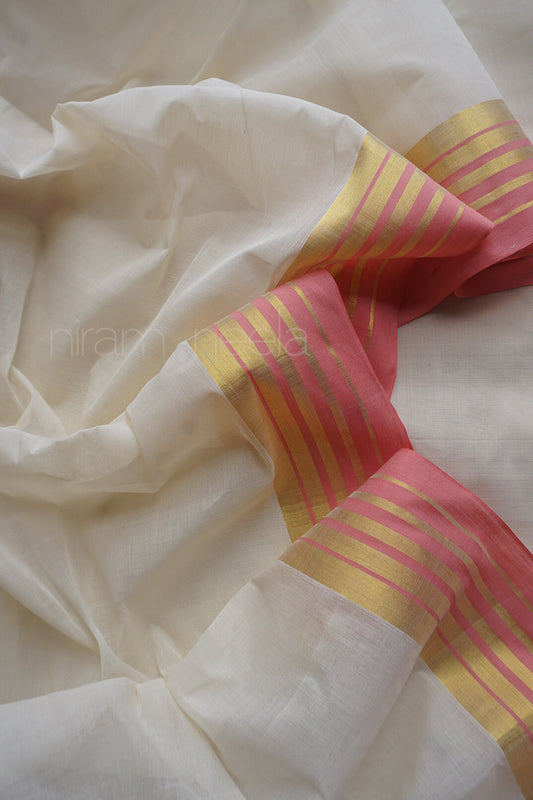 Ivory and rose pink Kerala Kasavu cotton saree | Niram Neela