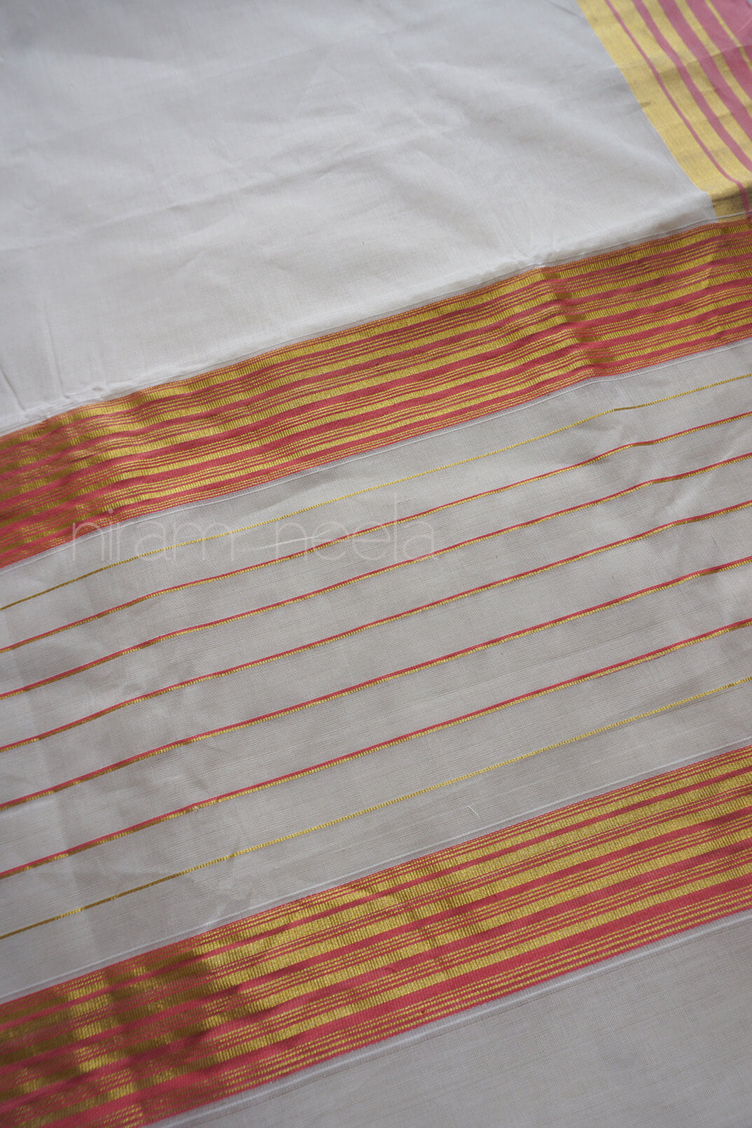 Ivory and rose pink Kerala Kasavu cotton saree | Niram Neela