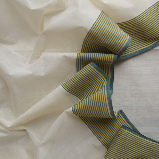 Ivory and green stripe Kasavu cotton saree | Classical Kasavus by Niram Neela
