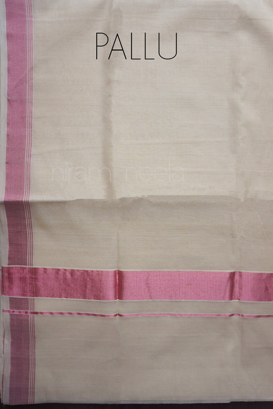Ivory and metallic pink stripe Kasavu cotton saree | Kasavu saree by Niram Neela