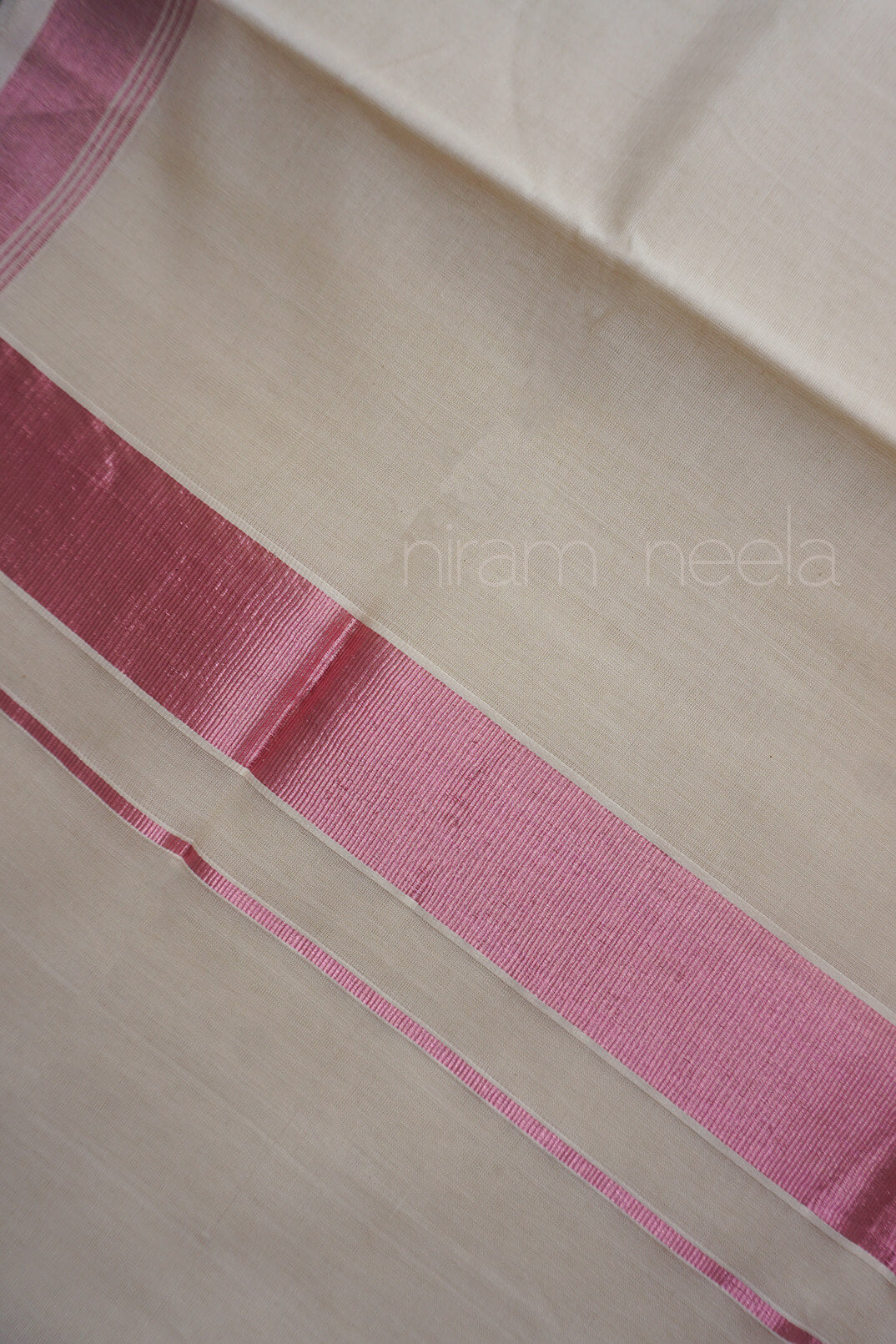 Ivory and metallic pink stripe Kasavu cotton saree | Kasavu saree by Niram Neela