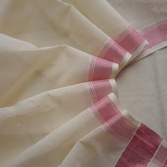 Ivory and metallic pink stripe Kasavu cotton saree | Kasavu saree by Niram Neela