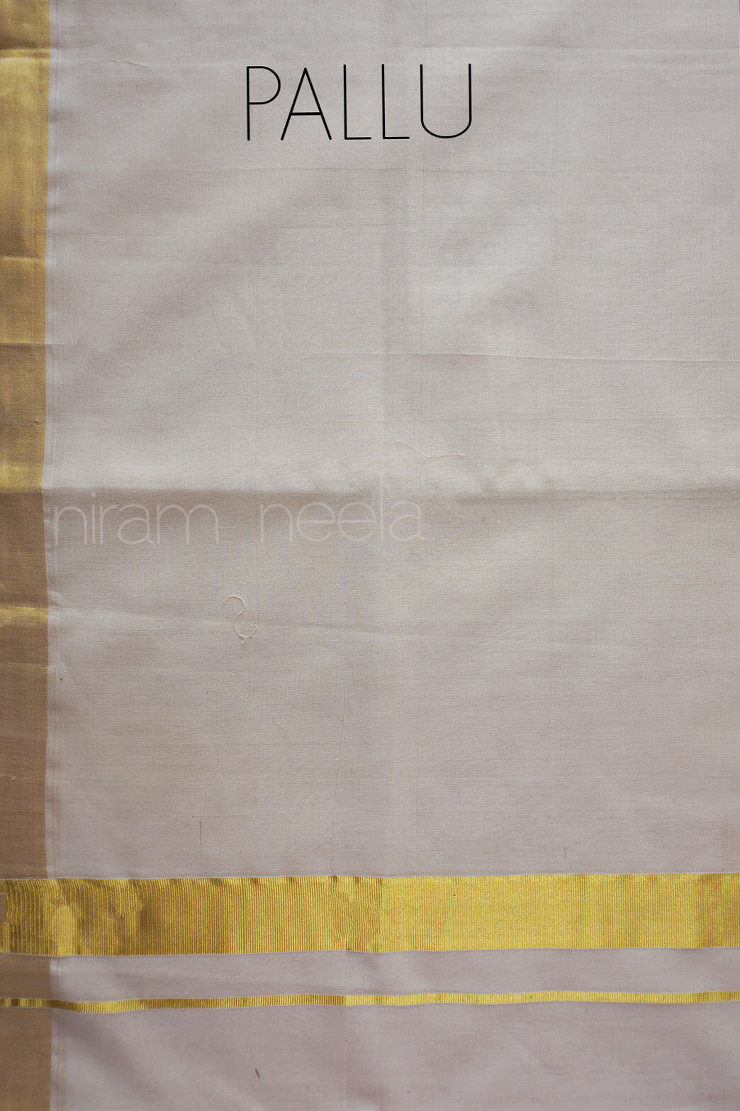 A close-up of off-white saree with a metallic gold border, labeled 'PALLU' at the top. 