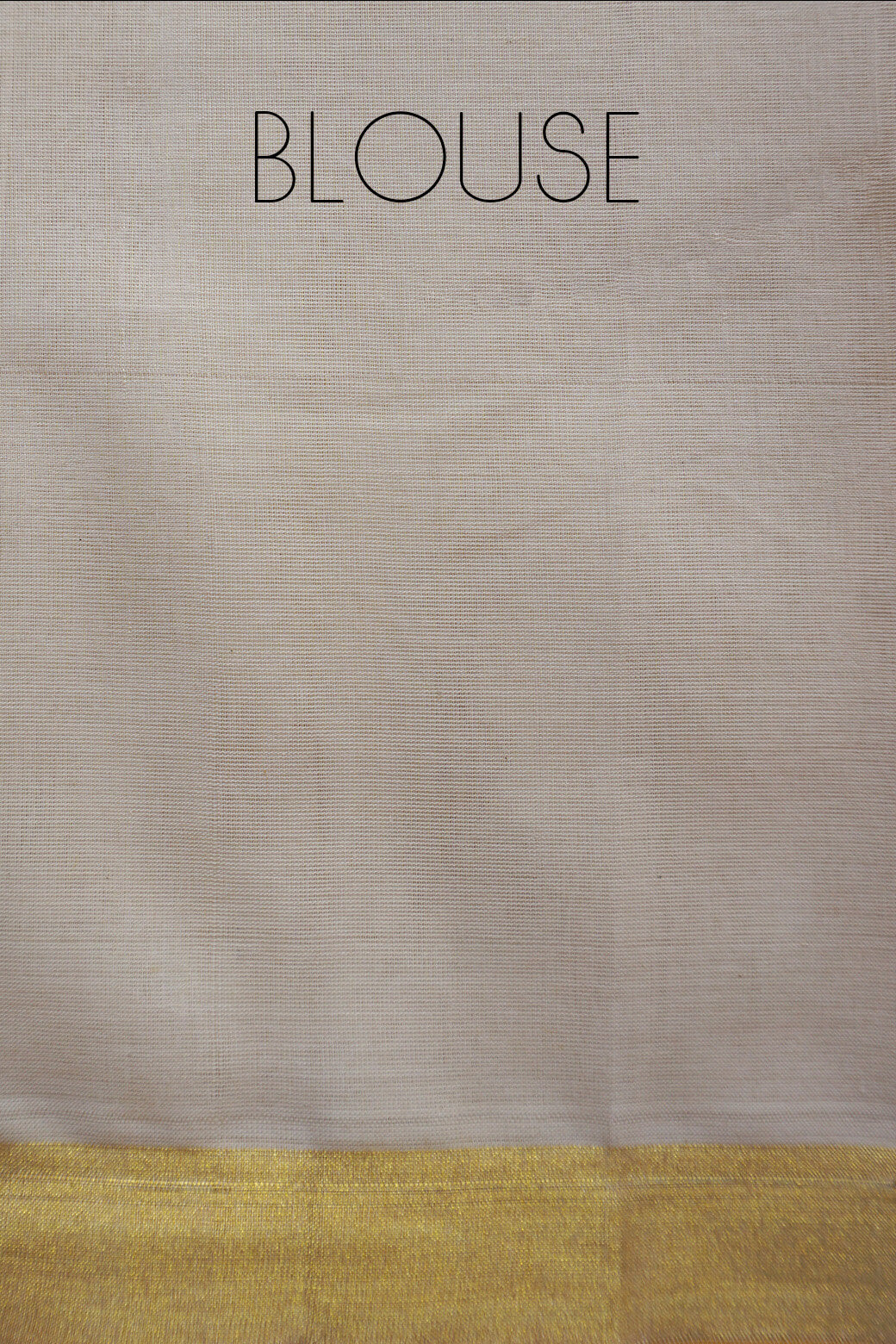 A close-up fabric swatch labeled 'BLOUSE' at the top, showing a light warm beige woven textile with a metallic gold border along the bottom edge.