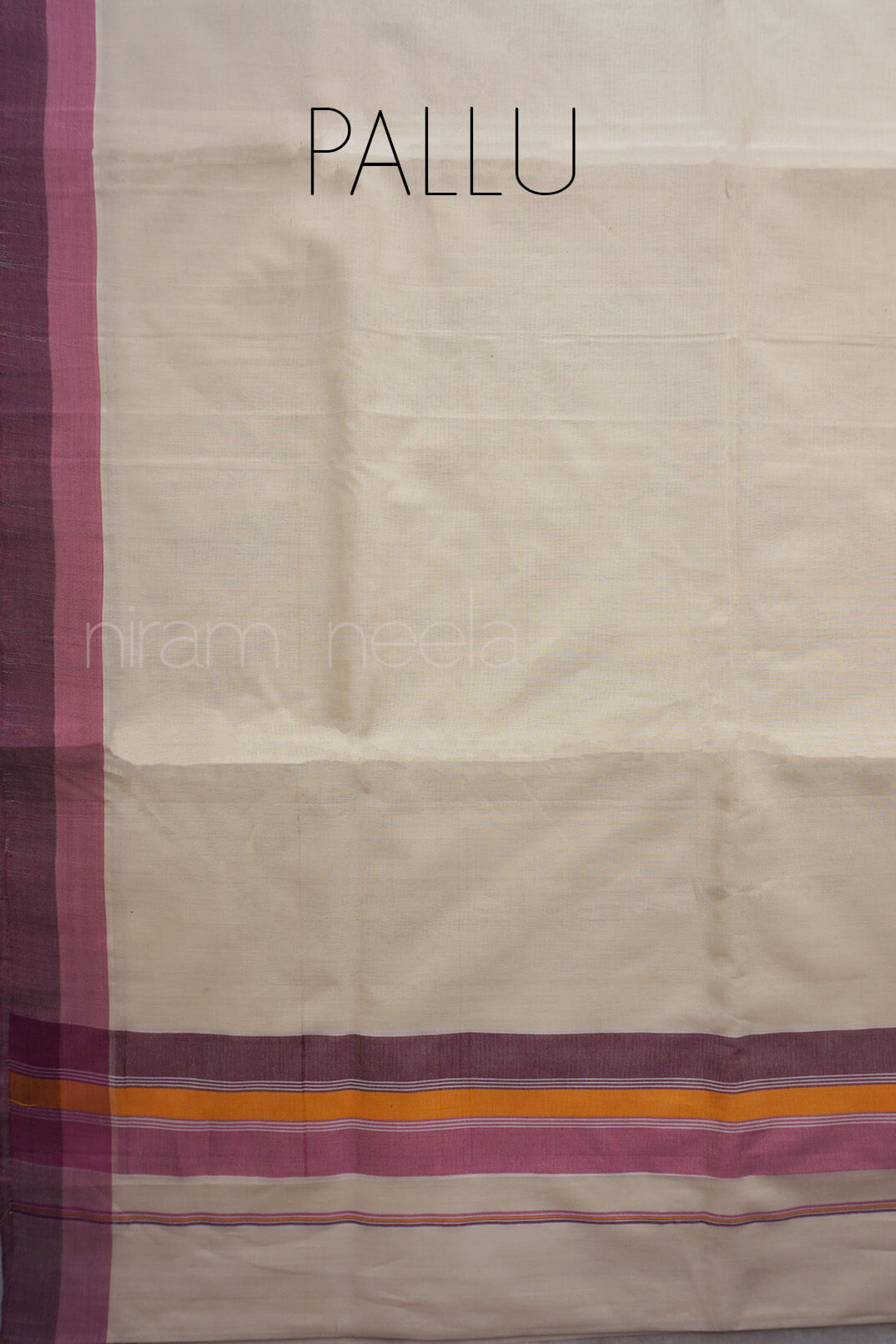 A cream-colored Kerala cotton saree pallu with purple and orange stripes, featuring the word 'PALLU' printed at the top.