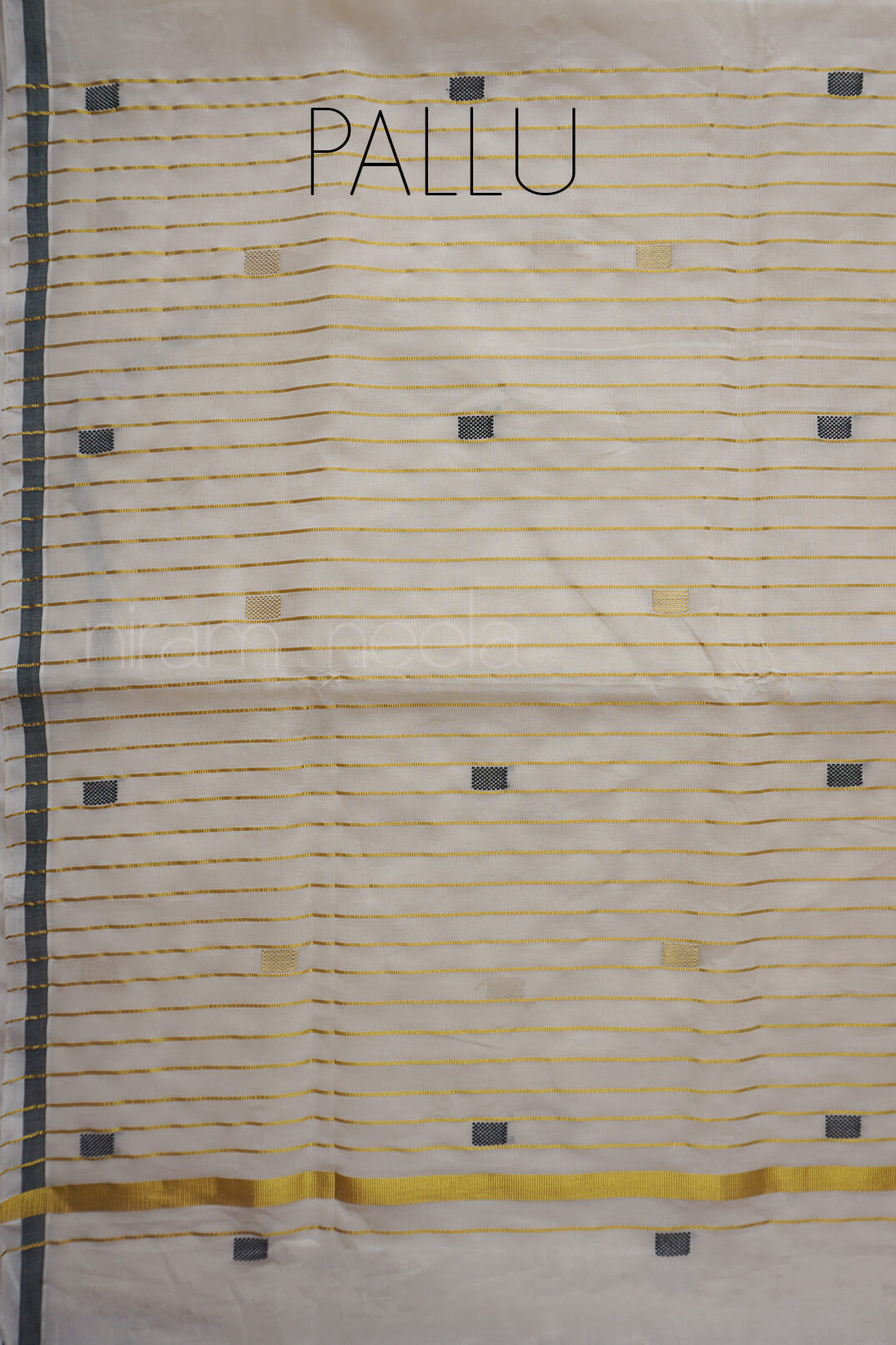 A close-up of an off-white saree pallu with horizontal stripes in gold, beige, and green, featuring a yellow-gold border stripe near the bottom and the word 'PALLU' printed at the top.