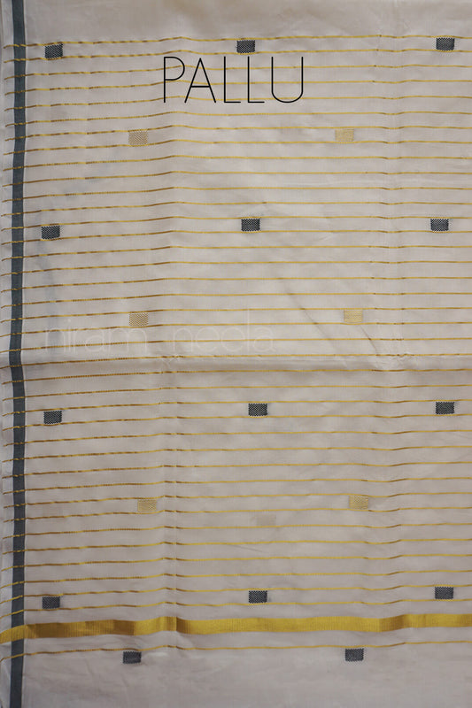 A close-up of an off-white saree pallu with horizontal stripes in gold, beige, and green, featuring a yellow-gold border stripe near the bottom and the word 'PALLU' printed at the top.