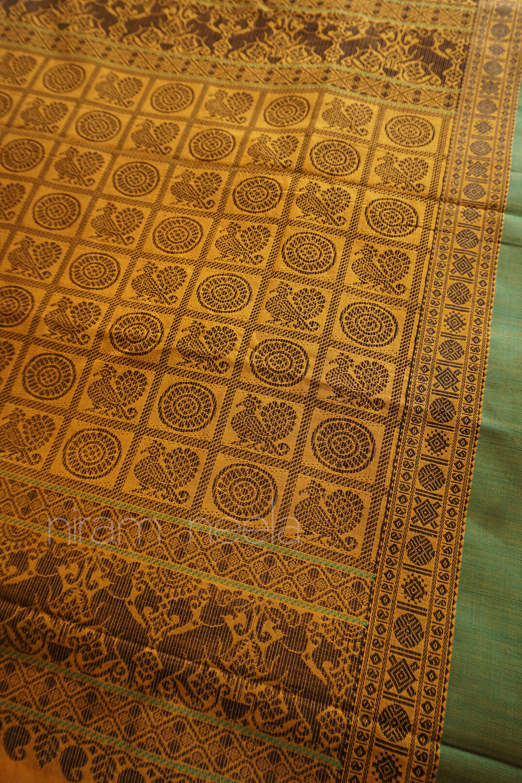 Yellow and green aayiram butta Kanjivaram cotton saree - Niram Neela