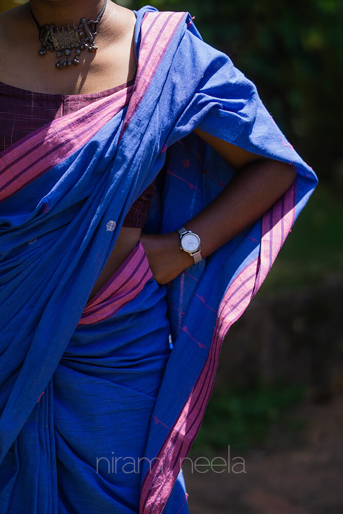 Blue and pink Bengal jamdani cotton saree - Niram Neela