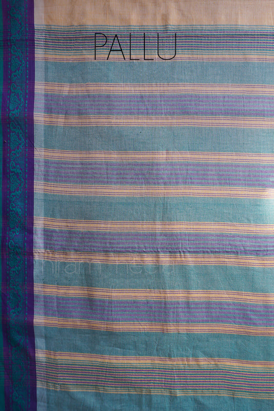 Striped fabric with 'Pallu' text on a blue and purple background | Kozhikode saree by Niram Neela
