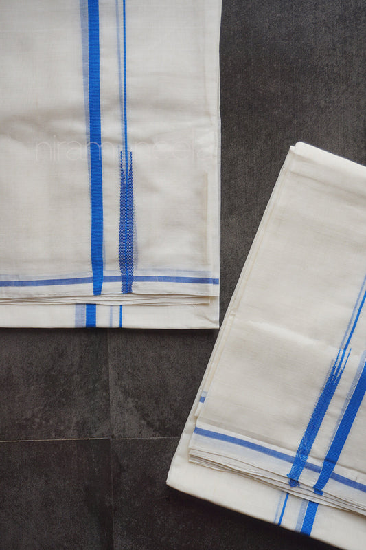 Ivory and blue Puliyilakkara set mundu  | Niram Neela
