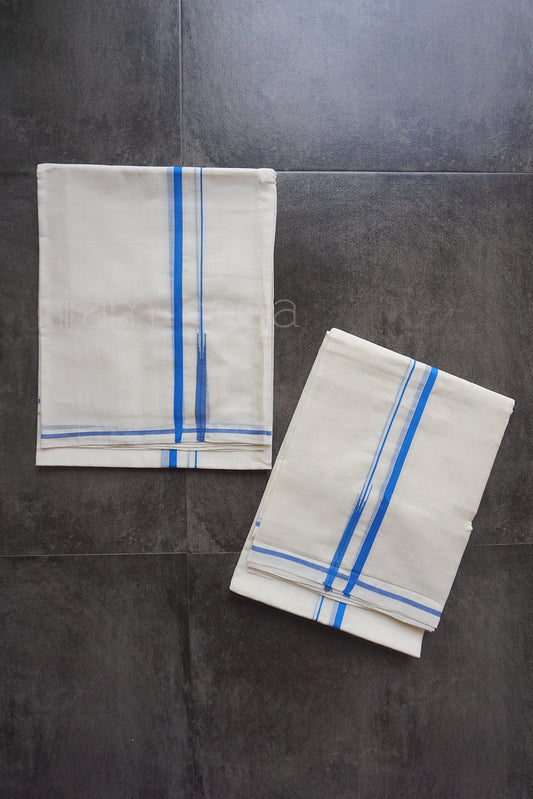Ivory and blue Puliyilakkara set mundu  | Niram Neela
