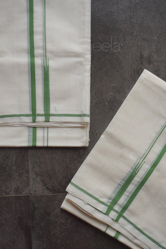 Ivory and green Puliyilakkara set mundu | Niram Neela