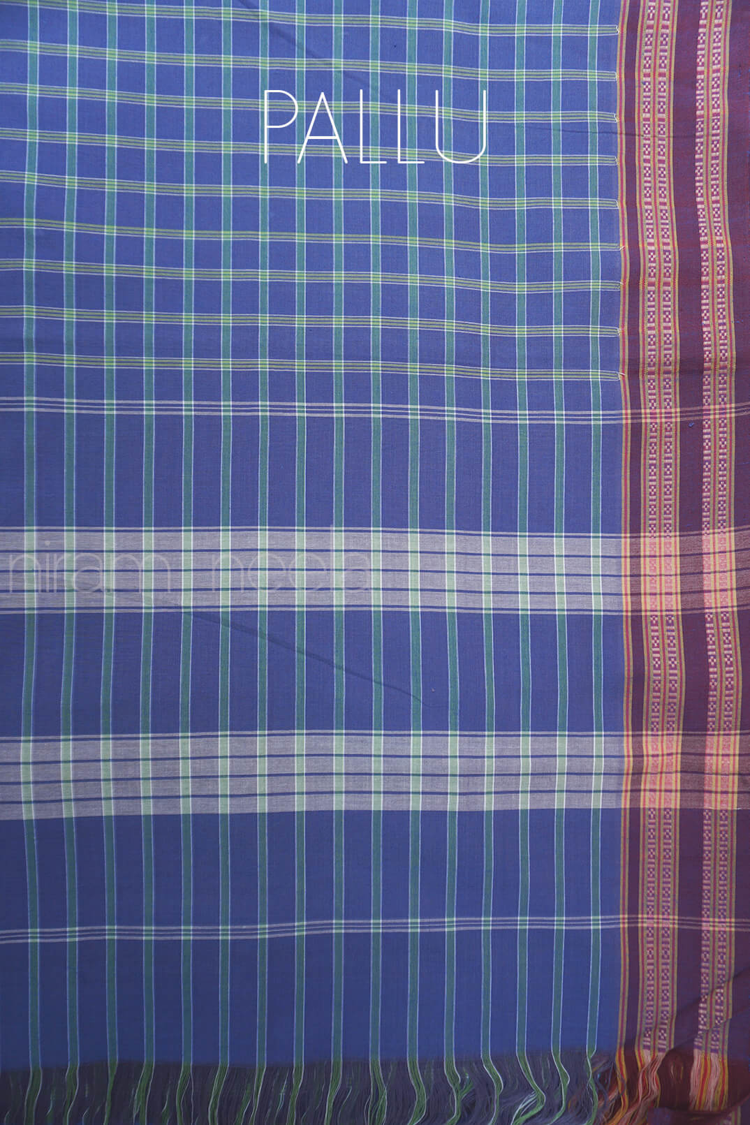 Blue and green checkered Kunbi cotton saree - Niram Neela