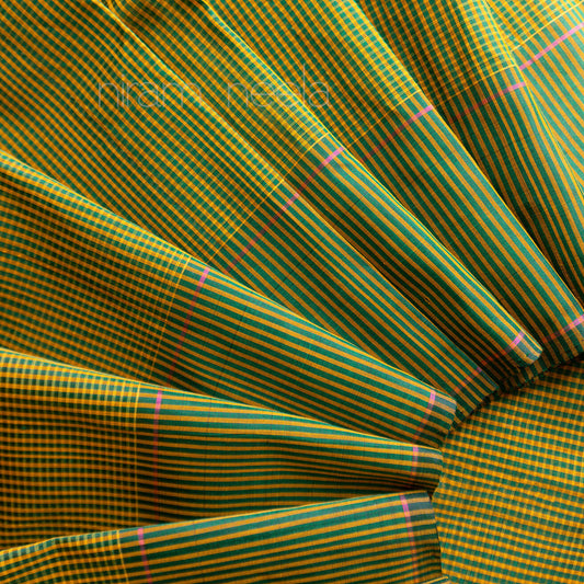 Yellow and green Koorainadu silk cotton saree in checks | Niram Neela