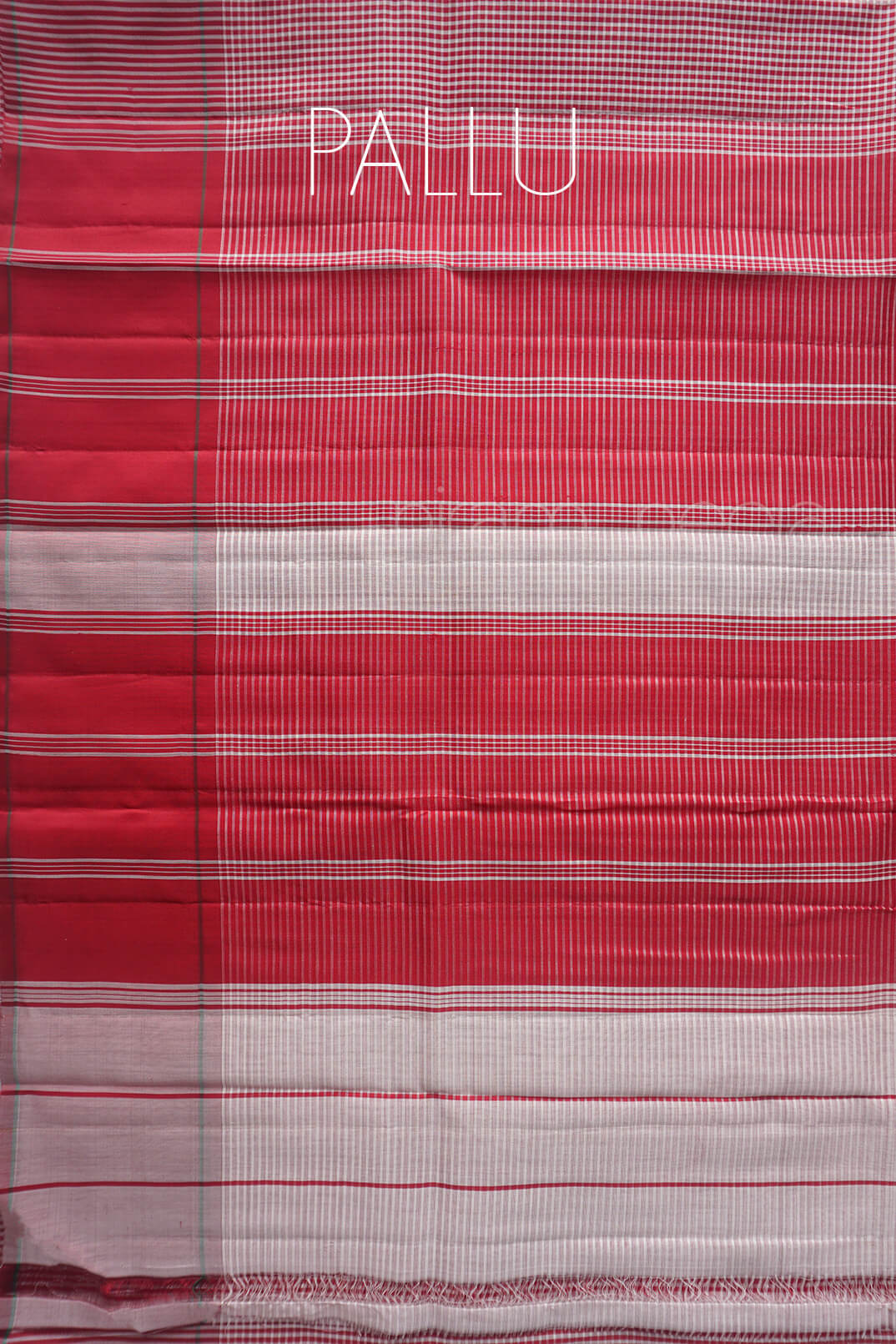 A close-up of a red and white striped  saree pallu, with the word 'PALLU' printed in white text near the top. 