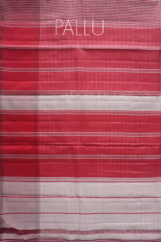 A close-up of a red and white striped  saree pallu, with the word 'PALLU' printed in white text near the top. 