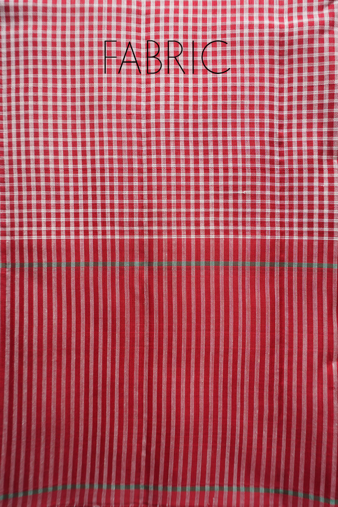 Red and white gingham saree with a red and white vertical stripe pattern, featuring the word 'FABRIC' printed in black at the top.