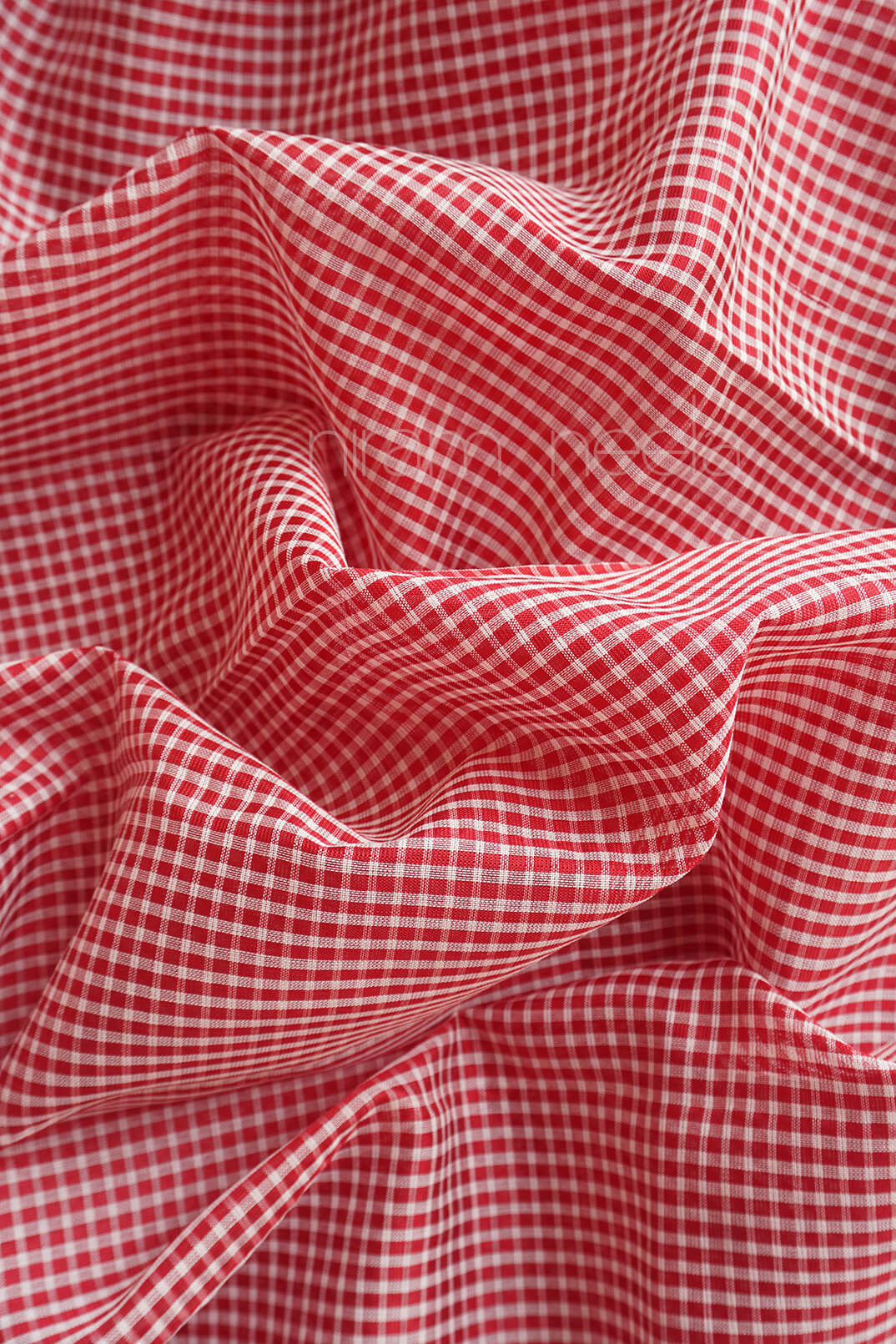 Red and white gingham checkered saree draped in soft folds, showing a classic small-scale checkered pattern.